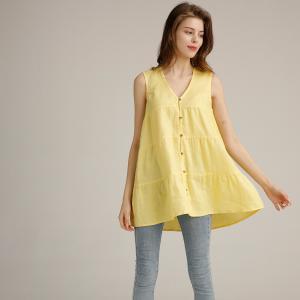 China Fringe Botton Sleeveless Women'S Stylish Blouse Summer Yellow Linen Top on sale
