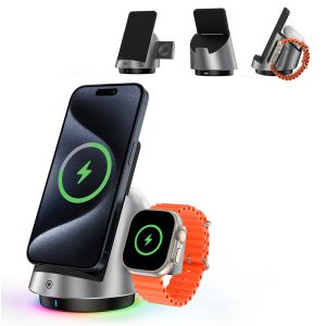 3 In 1 Dual Coil Desktop Wireless Charger Dock With RGB Light Effect