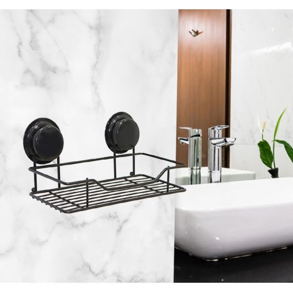 Black WGO Storage Bath Caddy Shelf Suction / Glue Fix Rust Free