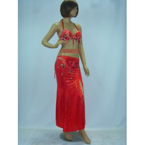 Cheap Contemporary Red Halter Neck Metallic Bras &amp; Skirt Belly Dancing Clothes for Performance for sale