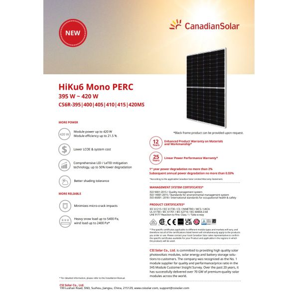 Canadian Solar Panel Monocrystalline 395W 400W 405W 410W 415W 420W China Solar Panel