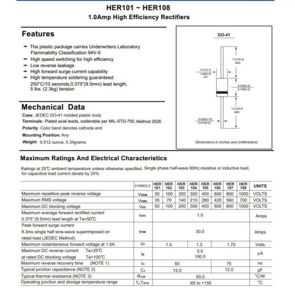 High Efficiency Rectifiers Diode 1A HER101 Thru HER108 Do-41 Package