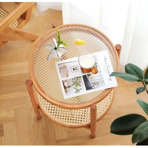 Ergonomics Rattan Glass Table 80*80*45cm Tempered Glass Top Coffee Table