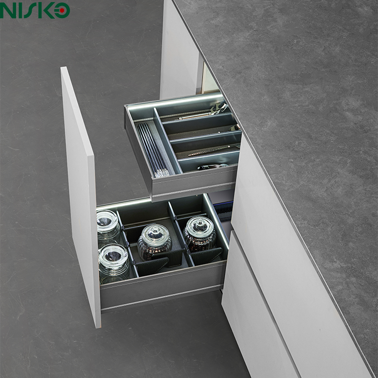 Pull Out Cutlery Drawer Divider Baskets Adjustable Bottle Spice Racks with Light