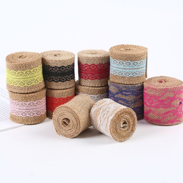 Quality 65mm Pink Burlap Ribbon With Lace 10 Yards Natural Burlap Ribbon Woven Edges wholesale
