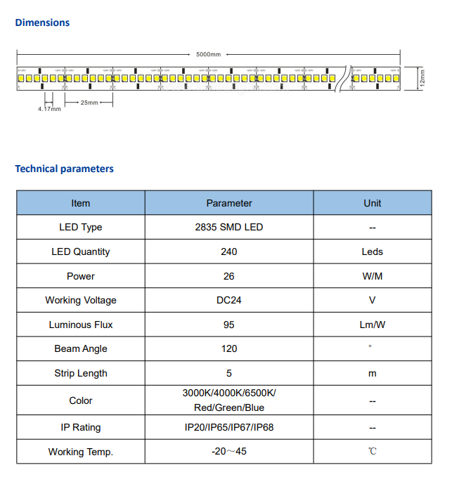 SMD2835 240led/m High Brightness LED Strip Light 2700K 3000K 4000K 6500K for Indoor