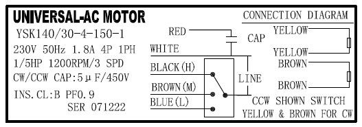 1/4HP Universal Fan Motor YSK140/35-4-185-1 - 185W RPM1300