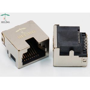 Female Low Profile RJ45 Connector R / A Offset / Overhangs PCB Thru - Hole