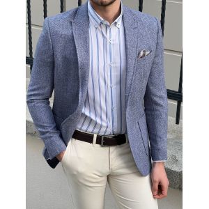 Slim Fit Self Patterned Blue Business Casual Blazer Outfit