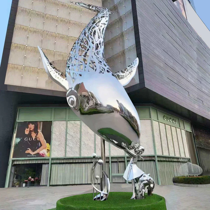 China Urban Night Illuminated Stainless steel Whale Sculpture With Light on sale
