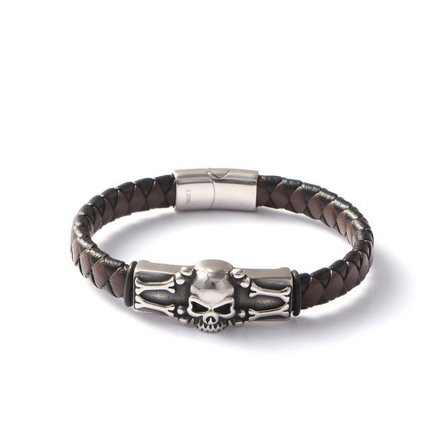 Skeleton Skull Brown Black Leather Creative Personality Stainless Steel Casting Trendy Leather Bracelet European and American Punk Skull Fashion
