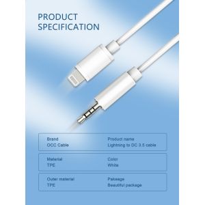 White Iphone 12 Charging Cord , OCC 3.5 Mm To Lightning Audio Cable