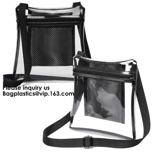 Quality Clear Sling Bag PVC Tote Bag With Interior Mesh Bag And Shoulder Strap,Clear PVC large handbag with small pouch wholesale