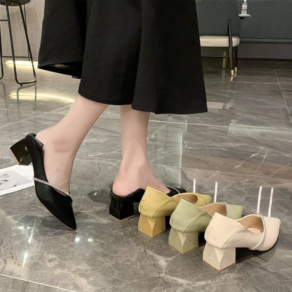 Elegant Office Spring Pointed Single Ladies Casual Leather Shoes 4cm Square Heel