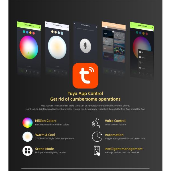 Megapower Phone Control Table Lamp Portable Color Changing RGB & Dimmable Warm White Night Light for Bedrooms