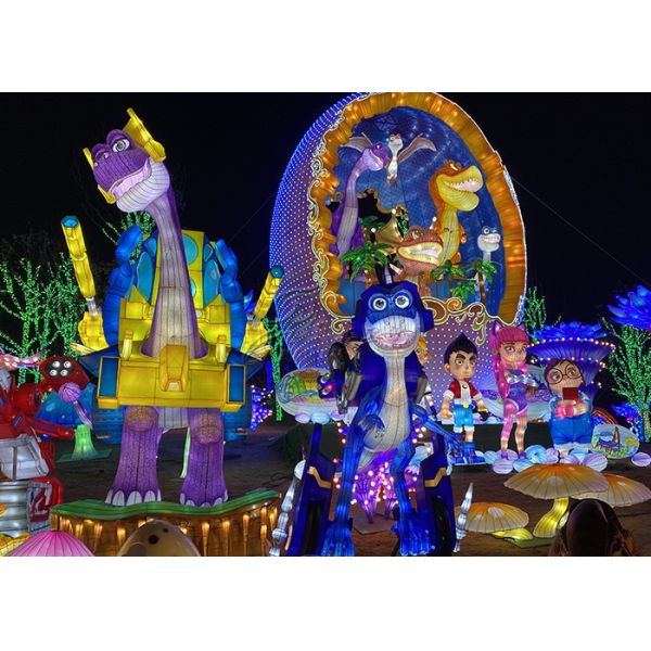 Large Dinosaur Fabric Chinese Lanterns Show Workers Customize Dinosaur Park To Display