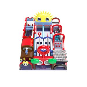 Colorful Playground: Trains, Slides Under a Sunny Sky