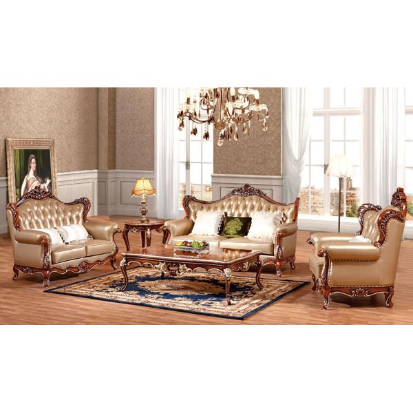 Quality New French style picture leather  and wood sofa furniture antique classic sofa set wholesale
