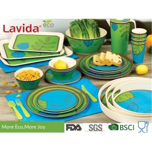 Food Grade Safe Bamboo Tableware Set Contrast Blue And Green Color Smooth