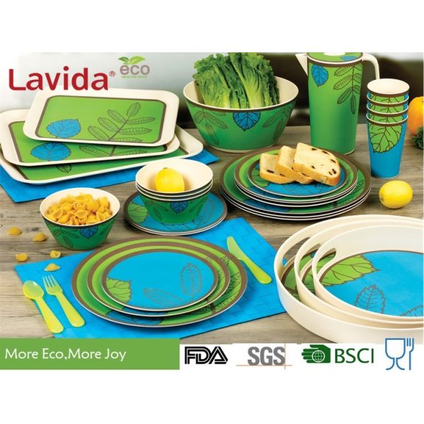 Quality Food Grade Safe Bamboo Tableware Set Contrast Blue And Green Color Smooth Surface wholesale