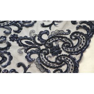 Black Heavy Beaded Mesh Fabric By The Yard , Embroidered Net Fabric With Beads