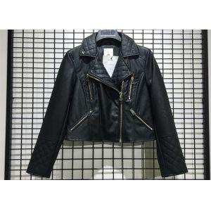 China Black Textured Pleather Ladies PU Jacket Asymmertrical Zip Through For Women on sale