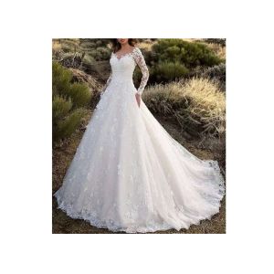 China Long Sleeve Backless Flower Lace Ball Gown Wedding Dress With Long Tail Off White Color on sale