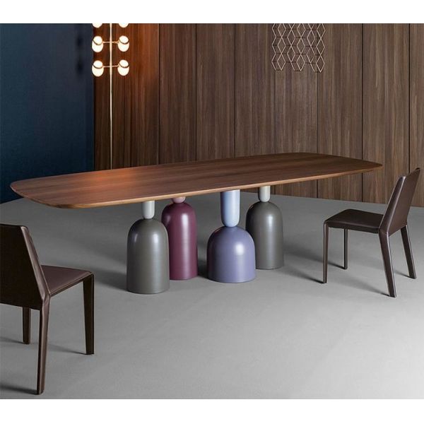 Customized Walnut Color Metal Base Dining Table Rectangular Shape
