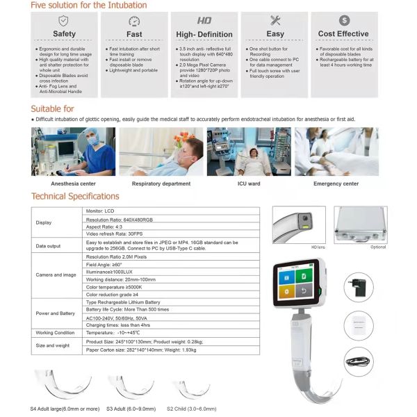 Handheld ENT Surgical Instruments Medical Hospital Portable Video Laryngoscope