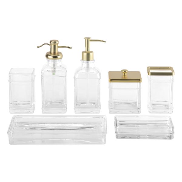 Quality Clear Glass Bath Accessories Set Square Shape With Gold Apothecary Head Glass Soap Dispenser Soap Dish For Bathroom wholesale