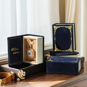 Vintage Book Style Mini Pendant Box in Royal Blue Premium Microfiber for Jewelry