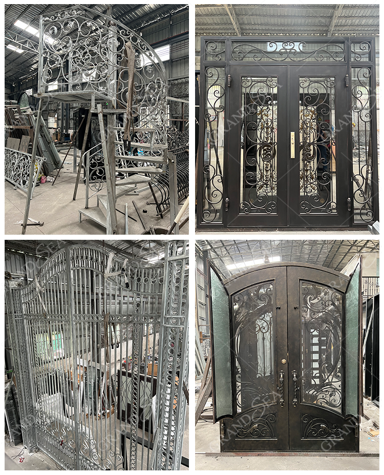 Modern Screen Custom Arches Top Exterior Front Double Entry Iron Glass Door Villa Front Entry Iron Pivot Door