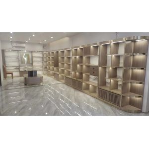 OEM ODM Wooden Color Skincare Display Cabinet With Led Lights In Every Layer