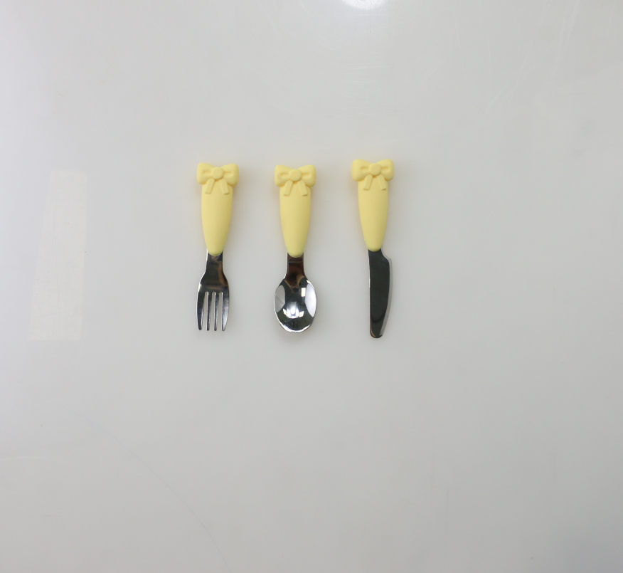 Bow Know Stainless Steel Baby Spoon Silicone Handle Fork Knife Feeding Set