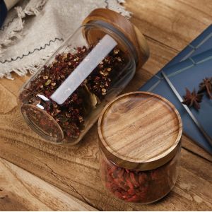 0.4L 0.5L Clear Glass Kitchen Canisters With Wooden Lids Engraving LOGO