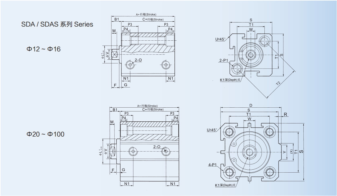 Single / Double Sections Pneumatic Air Cylinder Adjustable Knob With Flange