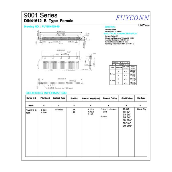 Press Pin EurocardDIN 41612 Connector 264 Lengthen Terminals 64pin