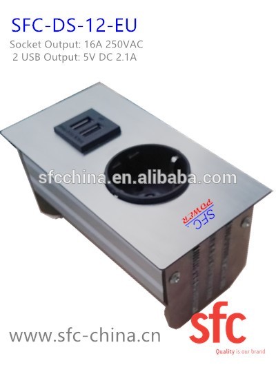 Surface Mount MiniTap Desk Outlet , Stainless Steel 1 Germany/European Schuko+Dual USB interface