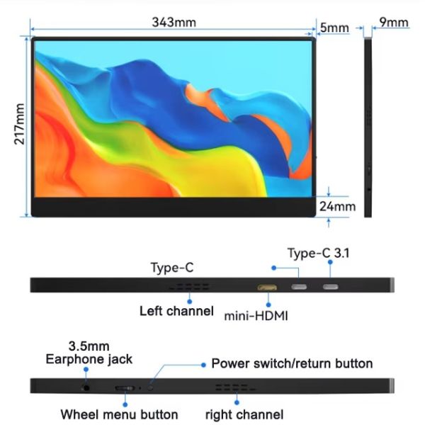 15.0 Inch 1920*1080 HDR Type-C USB Mini-HDMI Multi-interface Portable Monitor