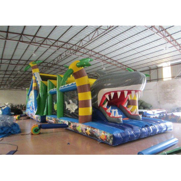 Quality White Shark Inflatable Obstacle Courses Silk Printing 14 X 4m With Palm Trees wholesale