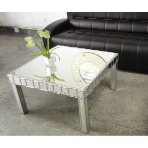 Square Mirrored Coffee Table Silver Wooden Trimming Unique Design