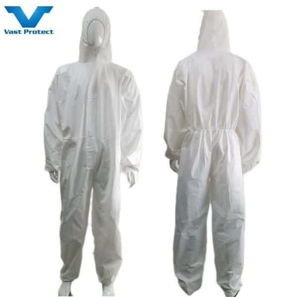 Quality Waterproof Breathable White PP PE Coveralls with Elastic Wrist and without Shoe Cover wholesale