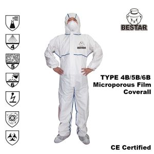 China CE Certified disposable non-woven type 4B/5B/6B microporous coverall with blue bound seam for Pharmaceutical industries on sale