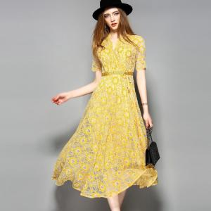 Cheap yellow hot sale women lace-up polyester lace dress for sale