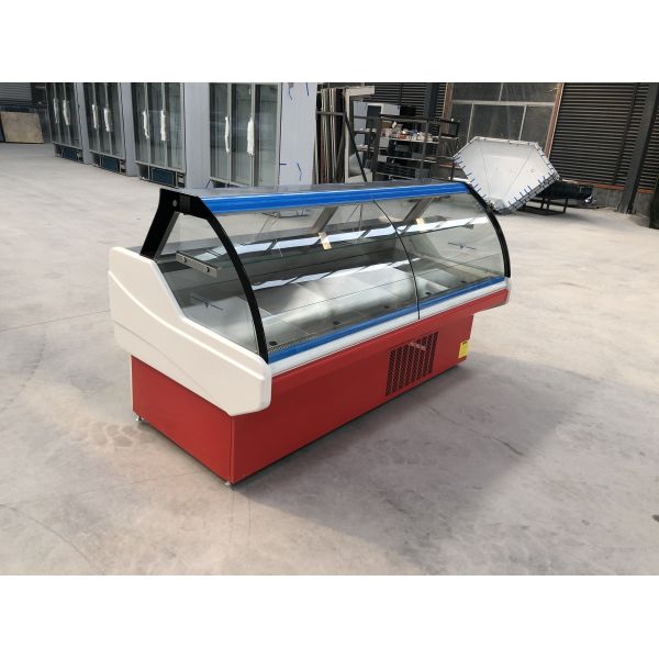 Quality IEC Curved Glass Front Butcher Display Counter With Stainless Steel Inner Plate wholesale