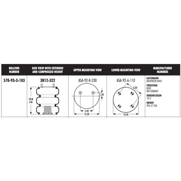 W013588042 578-93-3-103 Goodyear Air Spring 3B12-322 For NEWAY 905-57-236