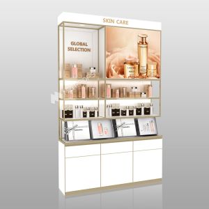 Beauty Store Rack White Wooden Skincare Cabinet With Light Box For Multi