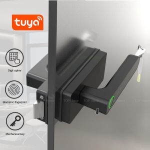 Smart Biometric Fingerprint Glass Door Lock Semi Auto Tuya App Wireless Control