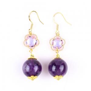 Cheap Handmade Amethyst Natural Crystal 14MM Big Round Shape Beaded Short Dangle Earring For Jewelry Gift for sale
