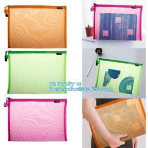 Cheap OEM mesh plastic A4 file bag with zipper, net netting document bag pouch, customized PEVA coated net polyester fabric fo for sale